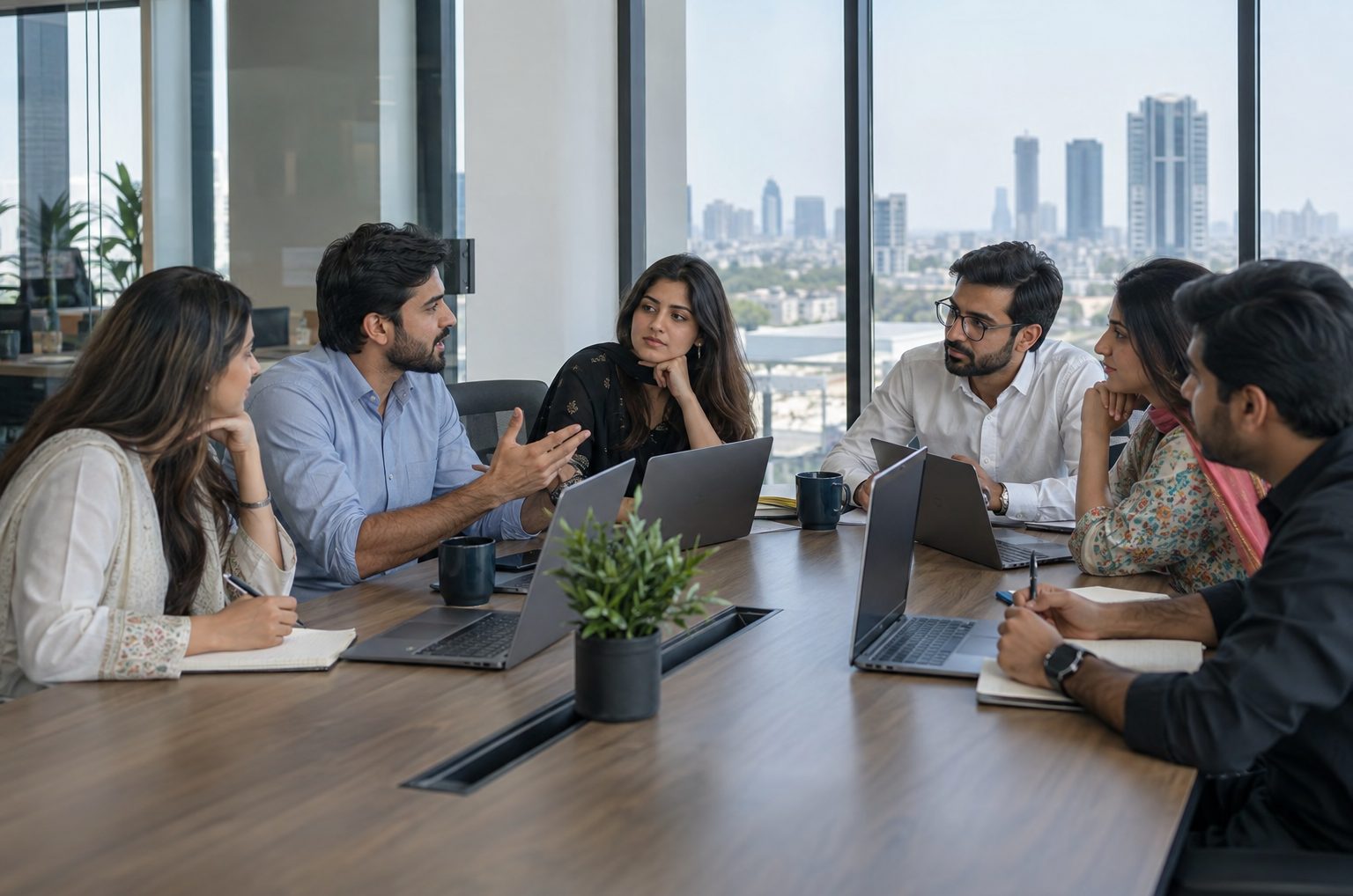 colleagues gathered around a meeting table in an open-plan office
