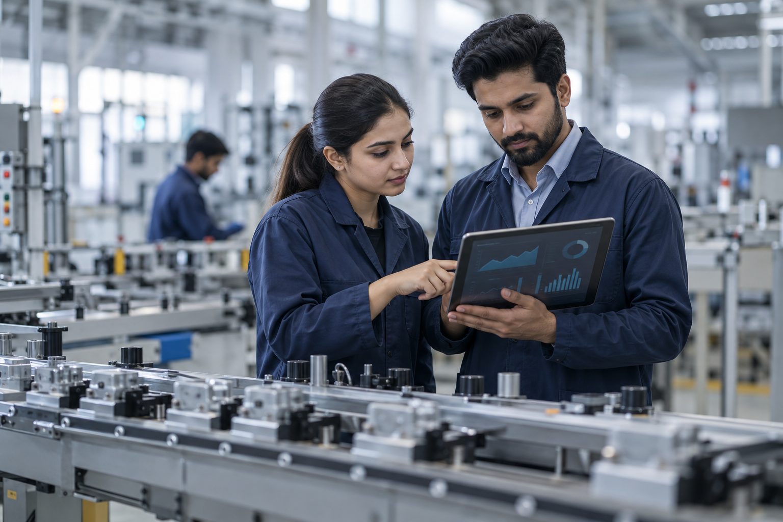 engineers reviewing production data beside an assembly line