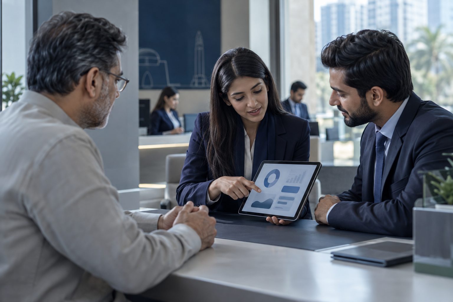 bankers reviewing a digital banking app with a customer