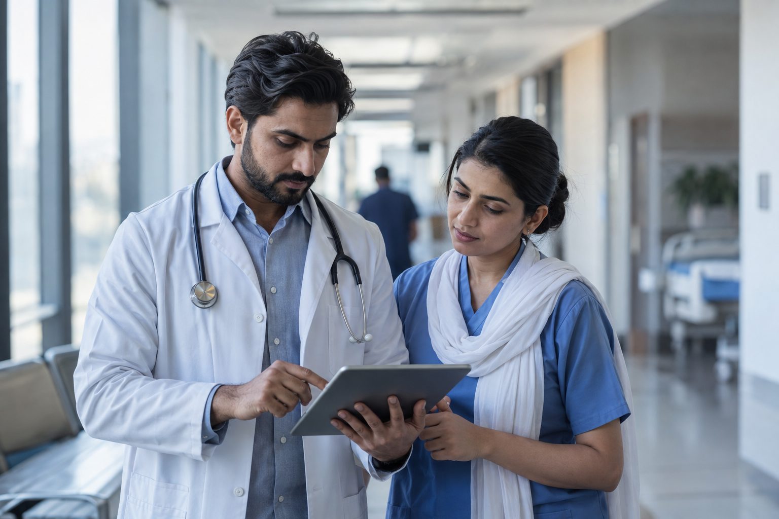 a doctor and nurse reviewing patient records on a tablet