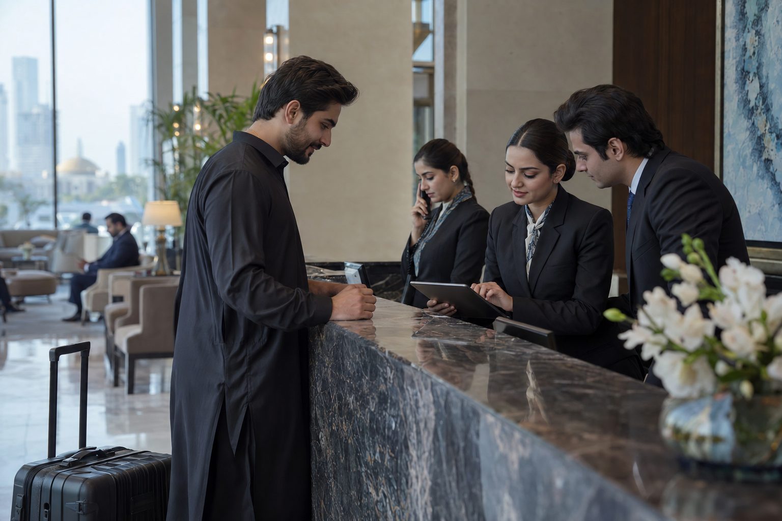 a hotel front-desk team checking in a guest