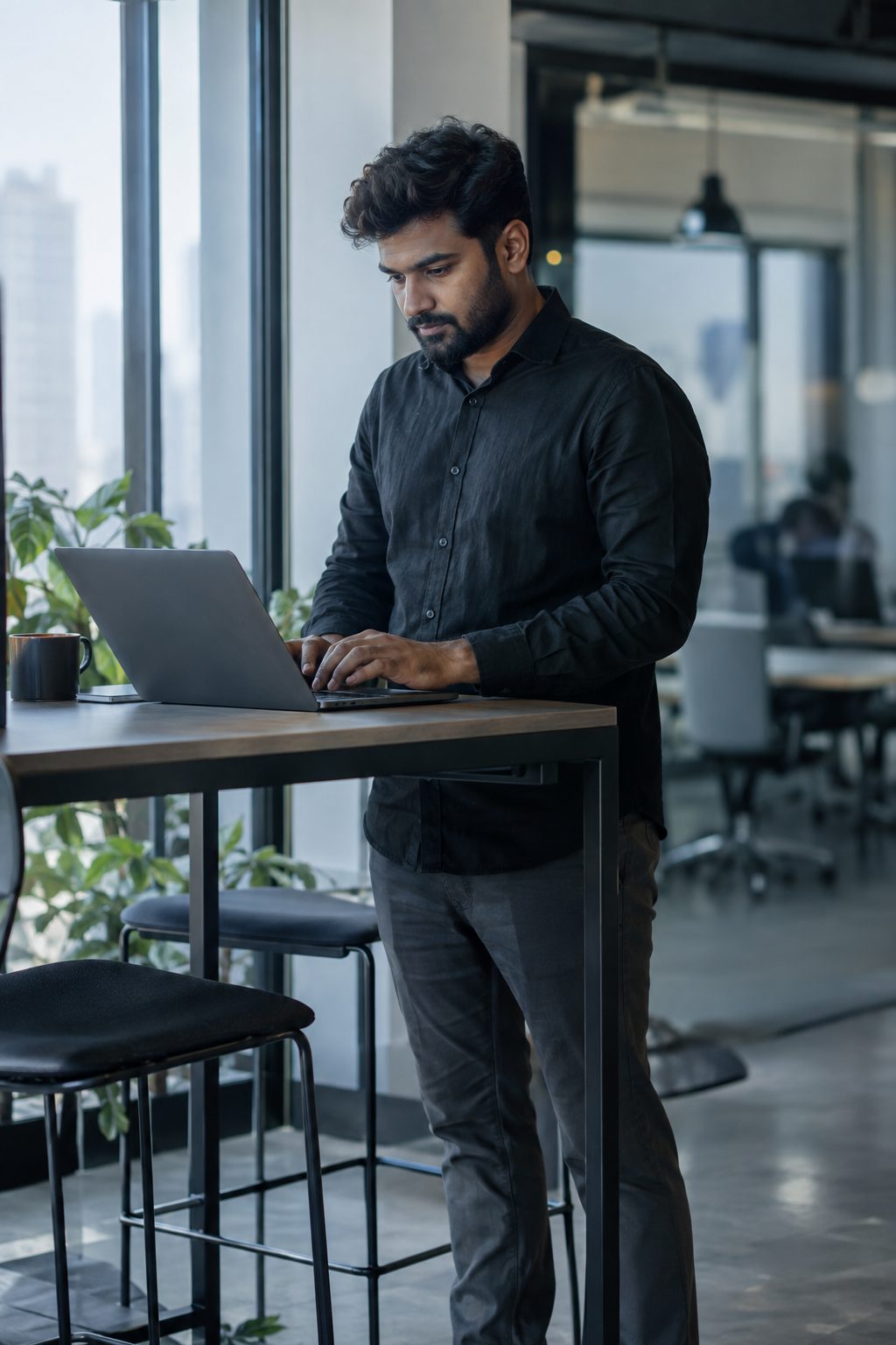 a man working at a laptop at a high desk