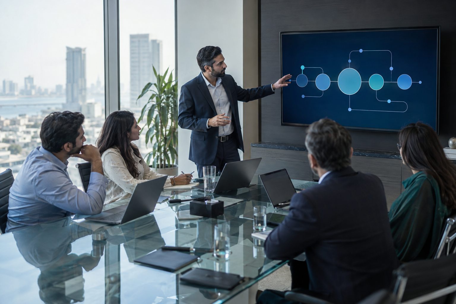 a consultant presenting a technology roadmap to executives in a boardroom