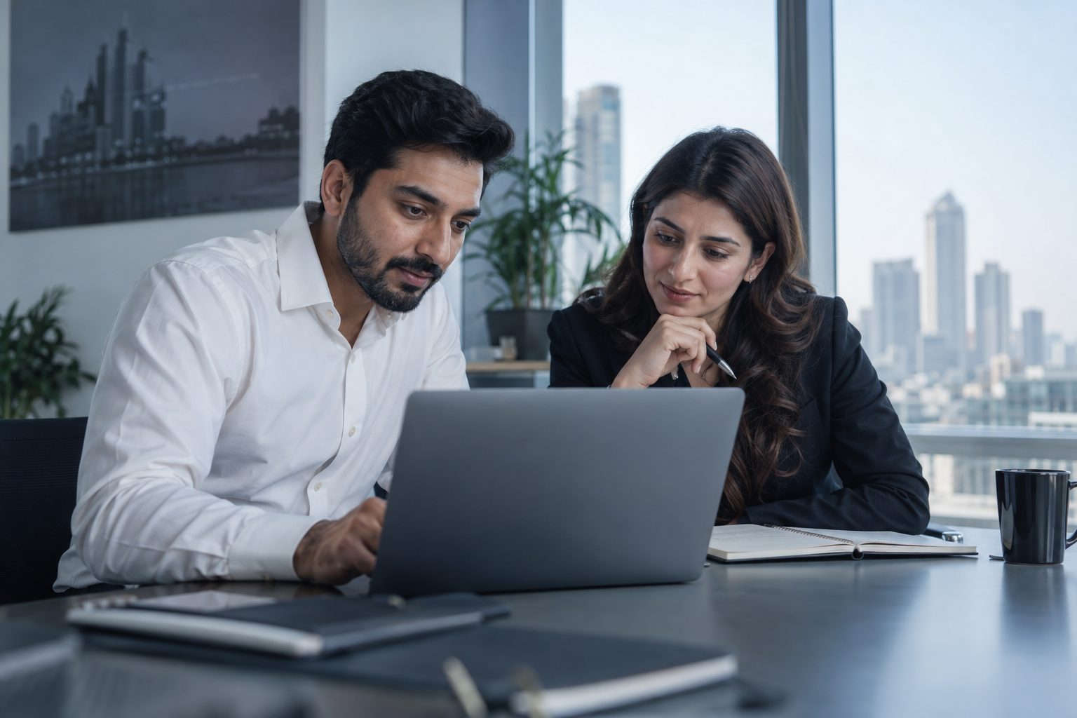 two colleagues looking at a shared laptop screen