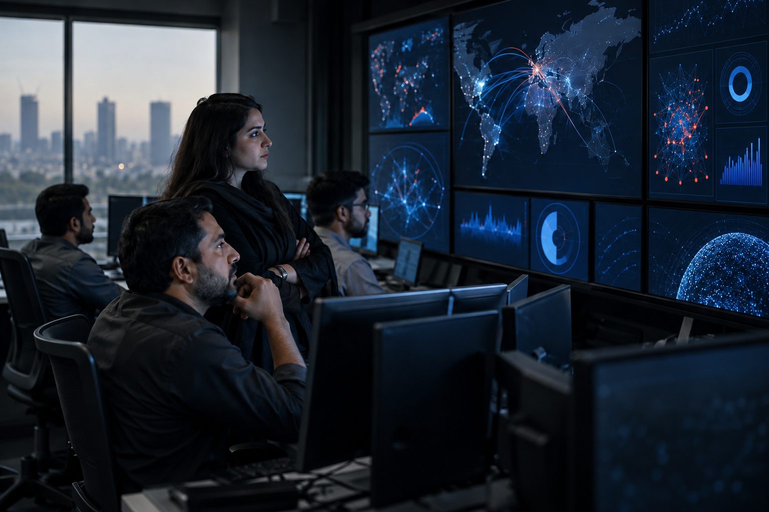 security analysts watching threat-monitoring dashboards