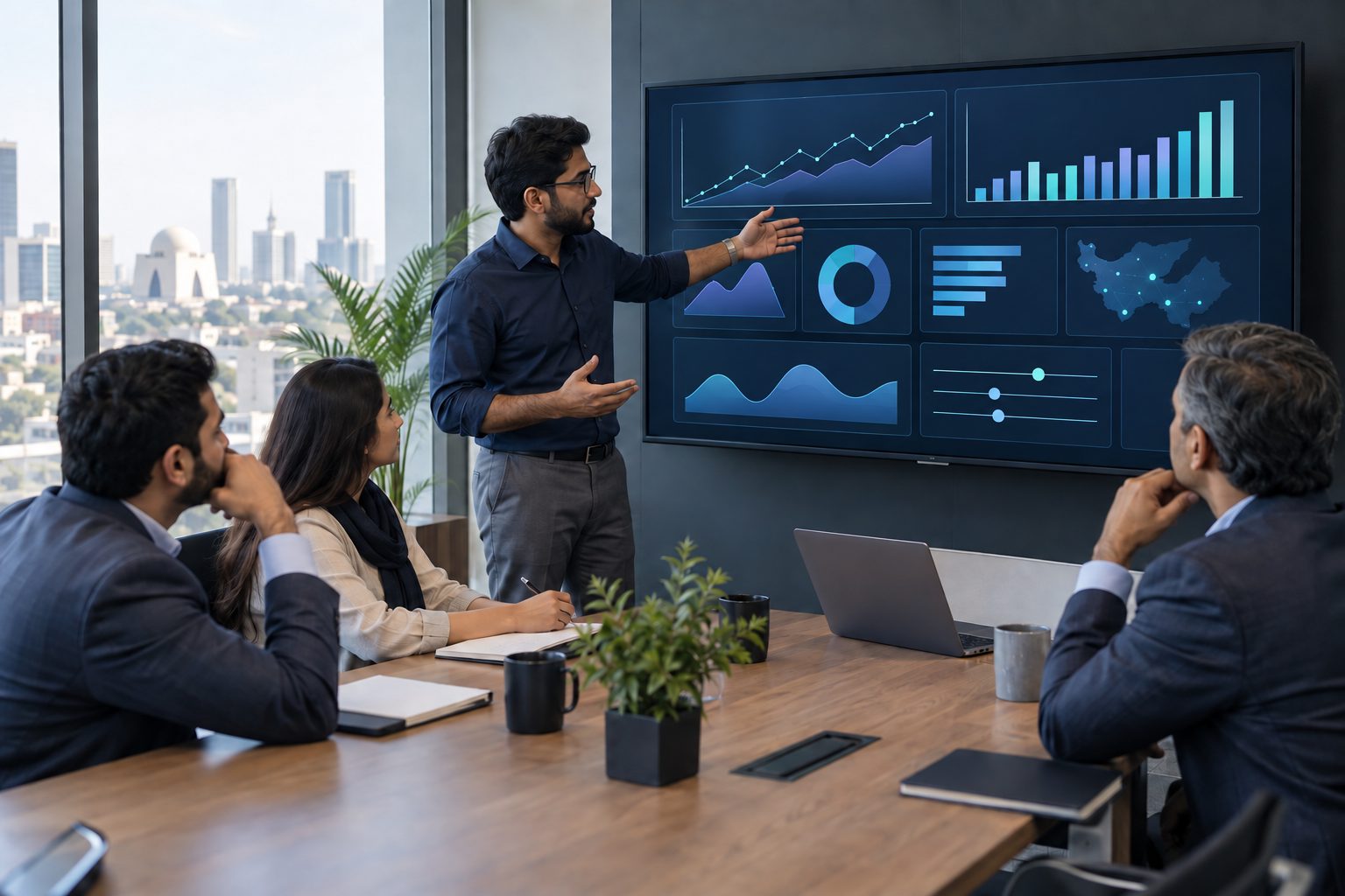 a data analyst presenting a business-intelligence dashboard to managers